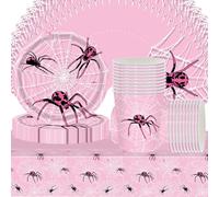 Lot de 61 pièces de vaisselle de fête rose avec motif araignée pour anniversaire d'enfant, fête d'Halloween avec gobelets en carton, assiettes en carton, serviettes en papier et nappes, convient pour