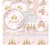 Lot de 61 pièces de vaisselle de fête sur le thème du château de princesse, décoration rose, décoration de fête d'anniversaire, table de dîner, porte-papier, serviettes à main, carton, pour 20 invités