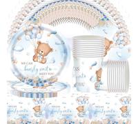 Lot de 61 pièces de vaisselle pour fête d'anniversaire avec motif ourson et vaisselle pour fête prénatale, y compris serviettes, gobelets en carton, assiettes en carton et nappes.