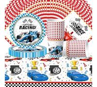 Lot de 61 pièces de vaisselle sur le thème de la course automobile - Décoration pour fête d'anniversaire d'enfant - Assiettes, gobelets, serviettes, assiettes en carton pour 20 invités