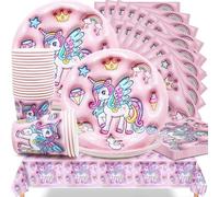 Lot de 61 vaisselle de fête licorne Huaxintoys pour fête d'anniversaire, mariage, anniversaire avec assiettes, gobelets en carton, serviettes et nappe (20 invités)