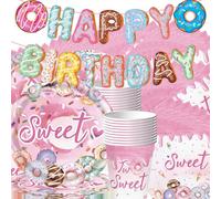 Lot de 62 beignets pour enfants de 2 ans - Couleur macaron - Accessoires de fête d'anniversaire - Décoration de gâteau pour garçons et filles - Serviettes en carton - Pour 20 invités