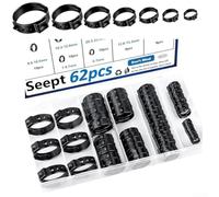 Lot de 62 colliers de serrage en acier inoxydable 304 noir avec 7 tailles de 6 à 23,5 mm dans un étui de rangement organisé pour conduite de carburant automobile et projets de plomberie