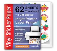 Lot de 62 feuilles de papier autocollant translucide semi-transparent pour imprimante à jet d'encre et imprimante laser, imperméable, séchage rapide, couleurs vives, 20,3 x 27,9 cm, tient bien