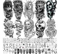 Lot de 62 feuilles de tatouages temporaires d'Halloween - Pour homme et femme - Loup lion - Bras squelette - 3D - Autocollants réalistes - Pour adultes - Tête de mort - Vampire - Faux tatouage à