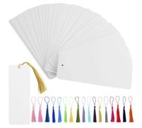 Lot de 62 marque-pages vierges avec 62 pompons colorés, marque-pages en papier pour bricolages avec trous, ensemble de marque-pages vierges pour étiquettes cadeaux DIY (Blanc, 14 x 5 cm)