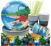 Lot de 62 ustensiles de fête dinosaures - Décoration de fête d'anniversaire - Thème forêt tropicale - Nappe - Assiettes de 20 cm - Gobelets et pailles pour 20 invités