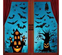 Lot de 63 autocollants pour fenêtre d'Halloween - Décoration réutilisable double face | Sans colle, fantômes, chauves-souris, citrouilles pour baies vitrées et portes (feuilles A4, résistantes aux
