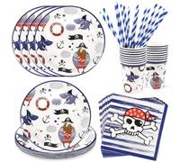 Lot de 64 assiettes de fête pirate en carton pour anniversaire d'enfant, couverts de pirate, comprend assiettes, serviettes, tasses, pailles (pour 16 invités) (style pirate A)