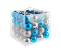 Lot de 64 boules de Noël argentées/bleues Surface mate brillante ou pailletée argentées/bleues