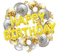 Lot de 64 décorations de fête d'anniversaire, bannière d'anniversaire - Ballons en aluminium 3D « Happy Birthday » avec confettis métalliques pour enfants, garçons, hommes, femmes et adultes (argenté)