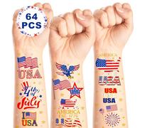 Lot de 64 feuilles de tatouages temporaires du 4 juillet - Décorations patriotiques pour le visage et le corps, drapeau américain indépendance - Autocollants de tatouage durables pour enfants et