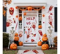 Lot de 65 autocollants de décoration de fenêtre d'Halloween - Empreintes de mains sanglantes - Squelette effrayant - Décoration de fête pour intérieur/extérieur - 10 feuilles