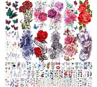 Lot de 66 feuilles de tatouages temporaires à l'aquarelle, roses, fleurs, tatouages temporaires pour femmes, enfants, adultes, lavande 3D, papillon, faux tatouages filles, pivoines multicolores