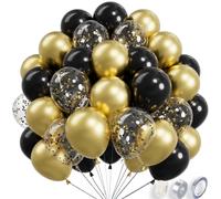 Lot de 68 ballons métalliques brillants et dorés de 25,4 cm et confettis noirs de 30,5 cm en latex chromé à l'hélium pour décoration de fête
