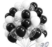 Lot de 68 ballons métalliques brillants noirs et blancs de 25,4 cm et confettis noirs et blancs de 30,5 cm en latex chromé pour décoration de fête