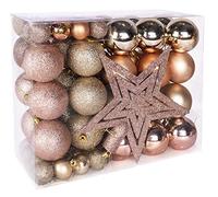 Lot de 69 boules de Noël avec étoile au sommet du sapin, en plastique, or rose, 6 cm, 3 cm, incassables, avec cordon, réutilisables