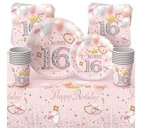 Lot de 69 décorations de fête d'anniversaire roses « Happy 16th Birthday » pour filles, ensemble jetable avec nappe, assiettes en carton de 17,8 cm, serviettes, tasses