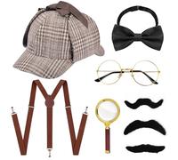 Lot de 7 accessoires de costume de détective des années 1920, avec chapeau à carreaux, dos en Y, bretelles nœud papillon, loupe, lunettes moustache, accessoires de cosplay, pour carnaval, cosplay,