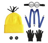 Lot de 7 accessoires de déguisement amusants, chapeaux jaunes, lunettes, gants noirs, bretelles bleues et 2 boutons, accessoires de déguisement jaunes pour déguisement, fête, Halloween, cosplay