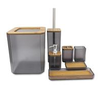 Lot de 7 accessoires de salle de bain en bambou gris : distributeur de savon, porte-brosse à dents, porte-savon, porte-brosse de toilette, poubelle - Décoration d'intérieur élégante et respectueuse de