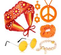 Lot de 7 accessoires hippie pour femme - Vintage hippie - Avec lunettes, chaîne de paix, boucles d'oreilles, bandeau bohème, années 70 - Accessoire de fête hippie pour carnaval et fête à thème