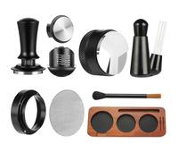 Lot de 7 accessoires pour machine à expresso, kit d'accessoires WDT pour machine à expresso, tampon à café avec station de tampage en bois, distributeur, agitateur, entonnoir doseur, brosse, écran