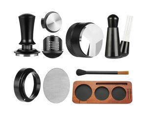 Lot de 7 accessoires pour machine à expresso, kit d'accessoires WDT pour machine à expresso, tampon à café avec station de tampage en bois, distributeur, agitateur, entonnoir doseur, brosse, écran