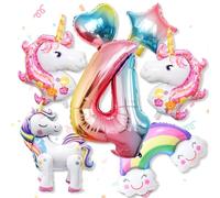 Lot de 7 ballons roses licorne, Décoration d'anniversaire de 4 ans Pour fille, 3D En aluminium, Sur pied, Avec chiffre 4/arc-en-ciel/étoile/cœur Pour fête à thème licorne