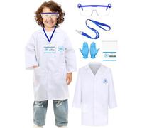Lot de 7 blouses de laboratoire pour enfant - Manteau de laboratoire - Costume blanc - Lunettes de protection - Gants - Cordon - Étui pour cartes - Pour fête, carnaval, garçons et filles (140-150 cm)