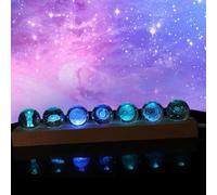 Lot de 7 Boules de Cristal Galactiques Décoratives avec Lampe LED, Sphères de Guérison Chakra avec Base en Bois, Boule de Cristal Scintillante pour Cadeau d'Anniversaire et Décoration de Maison