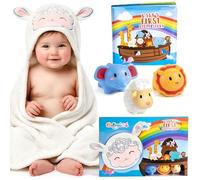 Lot de 7 cadeaux de baptême en forme d'arche de Noé avec jouets de bain scellés hygiéniques, serviette d'agneau douce à capuche, livre d'histoires et gant de toilette pour dédicace nouveau-né, fête