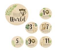 Lot de 7 cartes d'anniversaire rondes en bois de 10 cm avec inscription « Hello World » sur le thème des animaux, pour nouveau-né et nouveaux parents