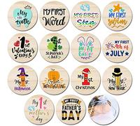 Lot de 7 cartes d'étape pour les premières fêtes de naissance en bois double face pour nouveau-né fille ou garçon, cartes de fête prénatale livrées avec un sac cadeau en organza (premiers moments