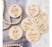 Lot de 7 cartes d'étapes mensuelles pour bébé - 7 jolis cercles en bois double face pour documenter la croissance de bébé, panneau de voyage de grossesse pour bébé garçon et fille