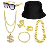 Lot de 7 costumes de proxénète, costume des années 70, 80, 90, pour homme, costume de rappeur doré, hip-hop, avec chaîne dollar, bague en or, lunettes de soleil pour homme, chapeau de pêcheur, pour
