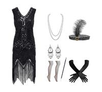 Lot de 7 Costumes des Années 20 pour Femme, Robe Gatsby Femme Annee 20 avec Accessoires (Robe + Chaîne + Boucles d'oreilles + Gants + Canne + Coiffe + Bas résille au-Dessus du Genou)