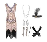 Lot de 7 Costumes des Années 20 pour Femme, Robe Gatsby Femme Annee 20 avec Accessoires (Robe + Chaîne + Boucles d'oreilles + Gants + Canne + Coiffe + Bas résille au-Dessus du Genou)