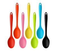Lot de 7 cuillères mélangeuses en silicone et acier inoxydable - Cuillères à mélanger avec long manche - Cuillères de service colorées - Cuillères en silicone antiadhésives - Ustensiles de cuisine -