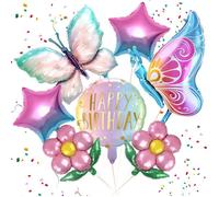 Lot De 7 Décorations D'Anniversaire Pour Fille - Motif Papillon - Multicolore - Ballon En Aluminium - Décoration De Fée - Po[YB566]
