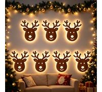 Lot de 7 décorations murales de Noël 3D en bois, rennes LED lumineuses | Rétroéclairées, lumière LED chaude, autocollantes, pour intérieur, salon, chambre à coucher, entrée, cheminée