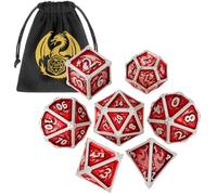 Lot de 7 Dés Polyédriques D&D en Métal, Motif de Dragon, DND RPG Jeux de Rôle, avec Sac Cadeau, Rouge + Argent