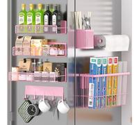 Lot de 7 étagères à épices aimantées pour réfrigérateur, 100% métal, organiseur à épices avec porte-serviettes en papier, support à crochets, porte-ustensiles et support de planche à découper, rose