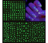 Lot de 7 feuilles de bâtons lumineux phosphorescents pour ongles étoiles autocollants 3D motif lune, soleil, fleur, coquillage, astronaute, planète, nail art pour femmes et filles
