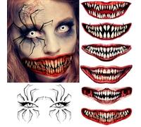 Lot de 7 feuilles de tatouages temporaires d'Halloween pour femme, homme, adulte, enfant, visage de clown réaliste, faux sang, bouche, tatouages temp zombie, vampire