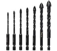 Lot de 7 Forets Béton, à Pointe en Croix Carbure, Tige Hex 1/4", Ø 3-12mm | Mèches Hélicoïdales Noires 4 Taillants, pour Maçonnerie, Brique, Pierre, Carrelage, Céramique, Granit, Verre, Bois, Plastique