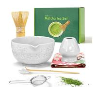 Lot de 7 Fouets à Matcha Blanc, Kit Matcha Complet avec Motif Fleurs de Cerisier, Kit Complet de Cérémonie, Bol Matcha en Céramique avec Bec, Fouet et Accessoires, Service à Thé Matcha Traditionnel