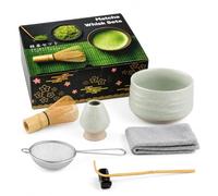 Lot de 7 fouets à matcha, bol craquelé gris vert et fouet en bambou, support et accessoires - Service à thé matcha japonais