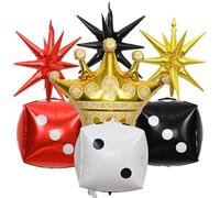 Lot de 7 grandes décorations de fête sur le thème du casino - Ballons en aluminium avec dés en forme de couronne et étoile - Rouge, noir et doré - Ballons coniques pour jeux de poker Las Vegas - Pour