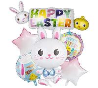 Lot de 7 grands ballons de Pâques en forme d'œuf de poule en mylar blanc, vert, jaune, violet pour la maison, décorations de fête à thème heureux, fournitures d'événement et bracelets